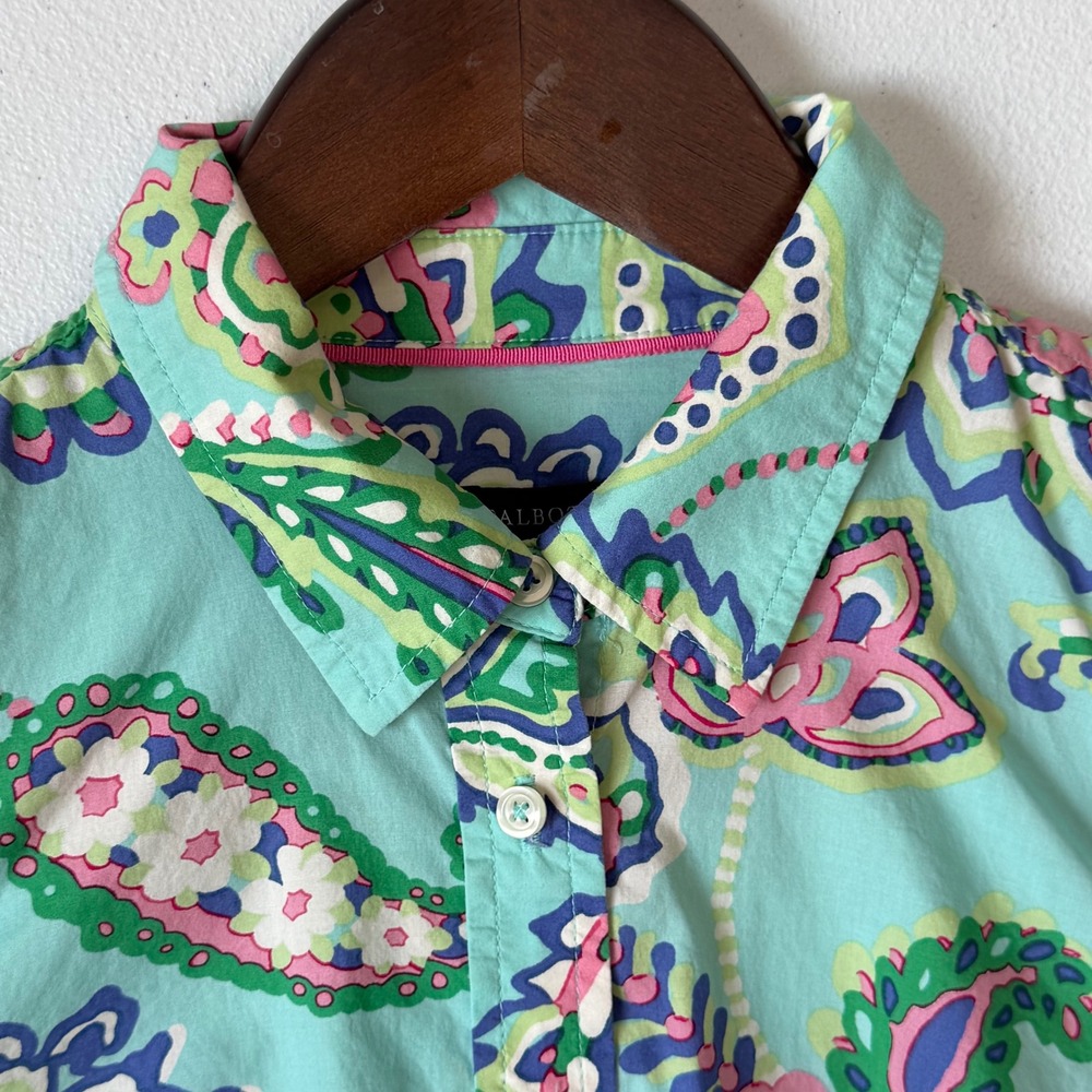 Talbots Button Up Blouse Shirt XS Teal Paisley Long Sleeve 100% Cotton Coastal - Picture 4 of 10